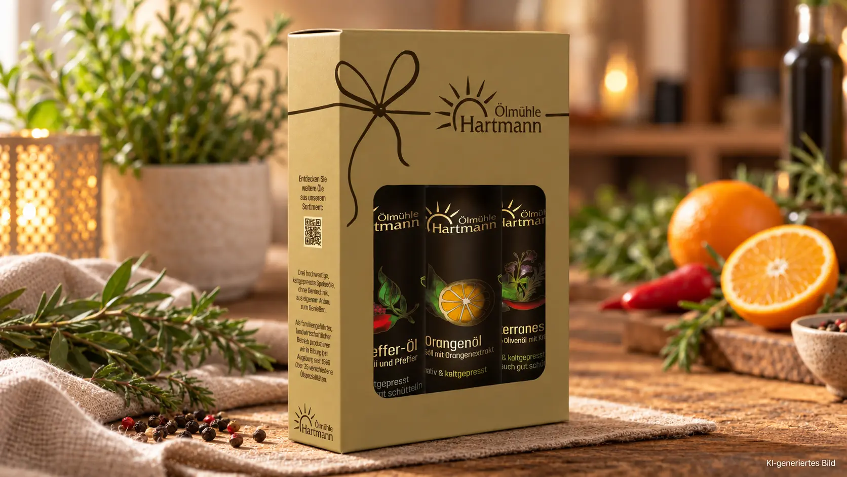Geschenkideen & Sets | Ölmühle Hartmann Geschenkset der Ölmühle Hartmann mit drei Speiseölen in einer Geschenkverpackung, dekoriert in einer warmen, natürlichen Küchenszene mit Kräutern, Orangen und Gewürzen.