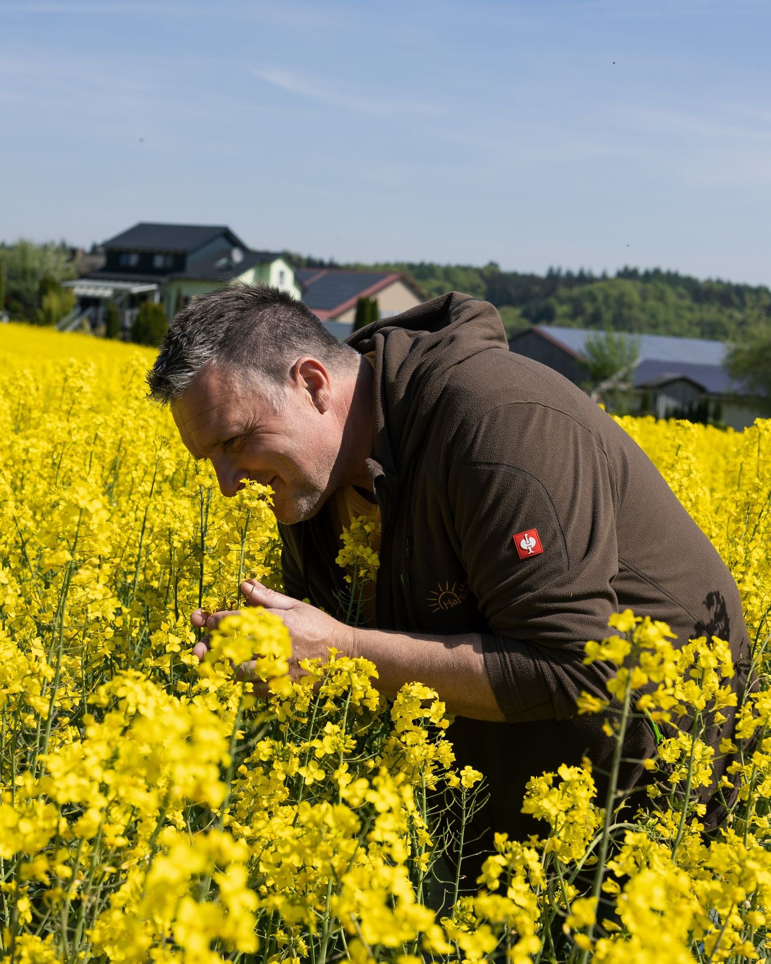 Qualität, die man riechen und schmecken kann Marcus Hartmann steht in einem blühenden, gelben Rapsfeld und riecht an den Blüten vor den Gebäuden der Ölmühle.